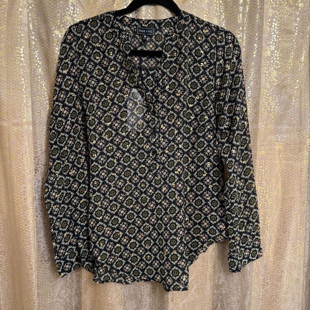 Sage & Fig Black Metallic Gold Pattern Lightweight Long Sleeve Top NWT